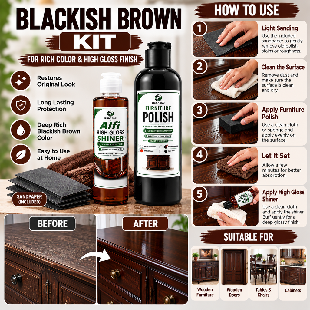 Furniture Polish Blackish Brown Kit with High Gloss Shiner | QSAK360