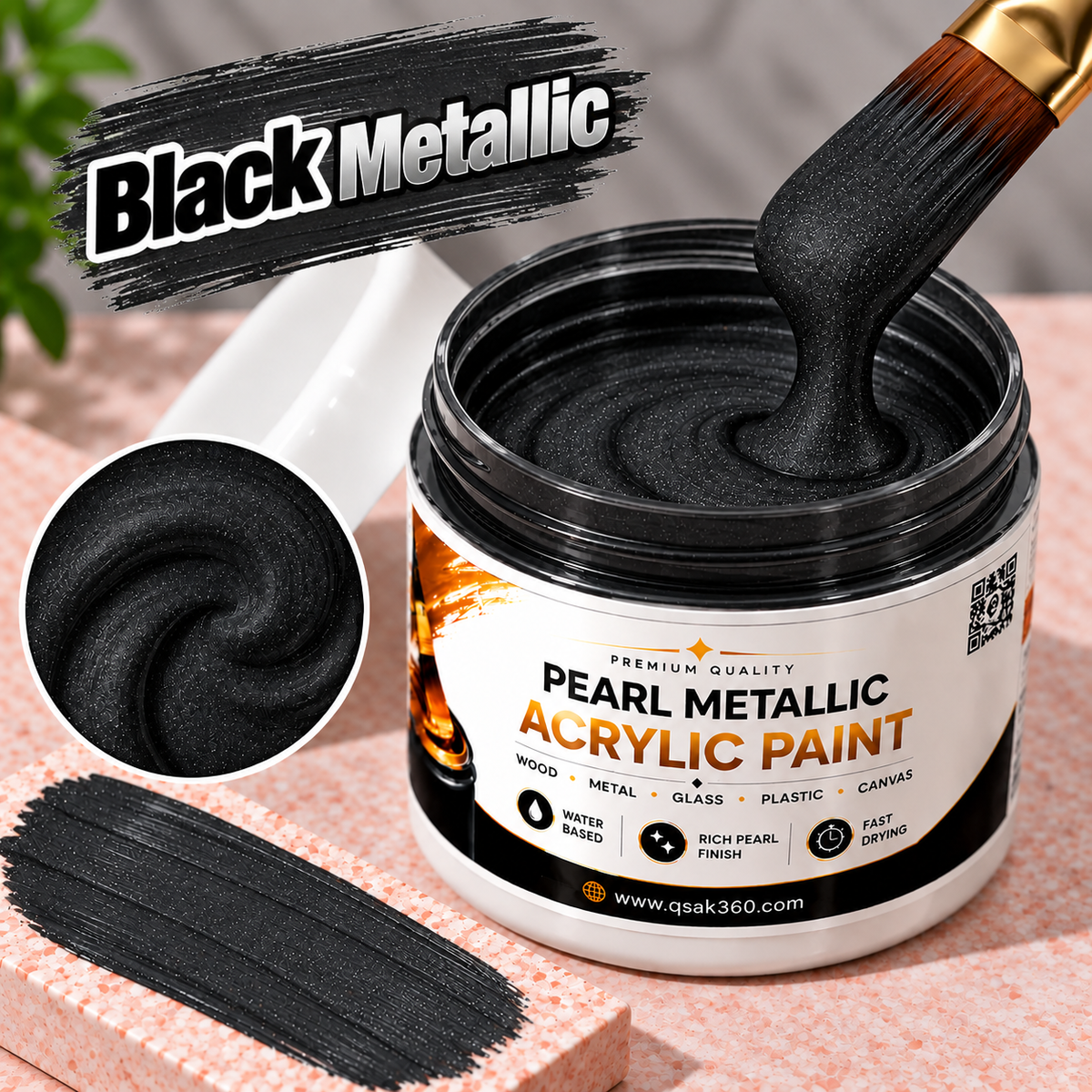 Black Metallic Acrylic Paint for Canvas, Wood, Metal, Glass & DIY Craft Projects | QSAK360