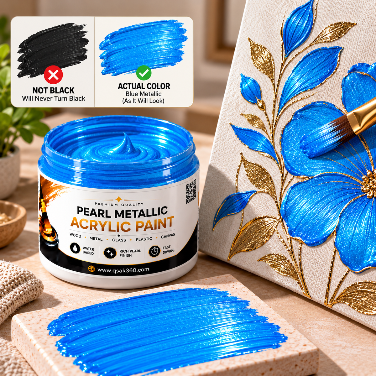 Blue Metallic Acrylic Paint for Canvas, Wood, Metal, Glass & DIY Craft Projects | QSAK360