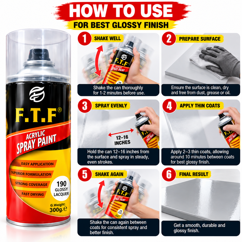 FTF Acrylic Spray Paint 190 Glossy Lacquer 300g | Clear Gloss Spray for Wood & Metal | QSAK360