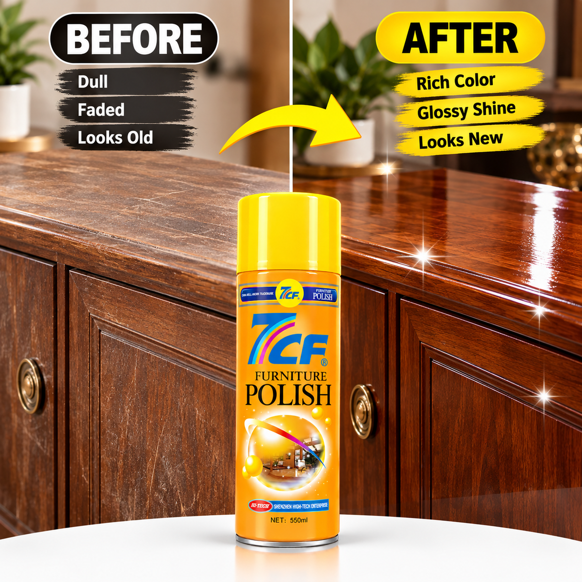 7CF Furniture Polish Spray 550ml | Clean & Shine for Wood Furniture & Cabinets | QSAK360