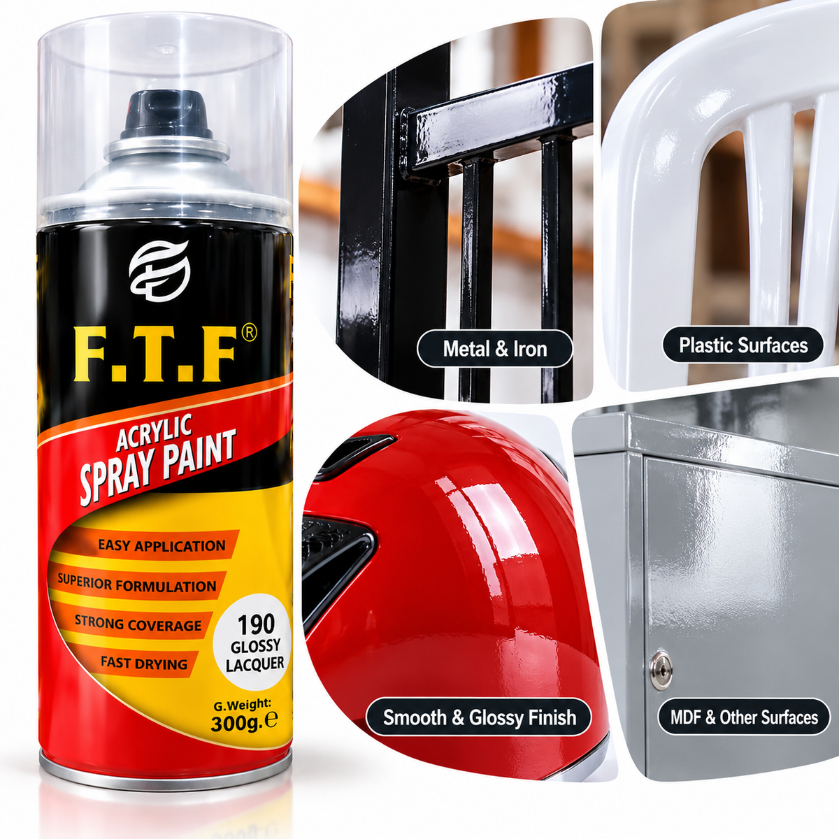 FTF Acrylic Spray Paint 190 Glossy Lacquer 300g | Clear Gloss Spray for Wood & Metal | QSAK360