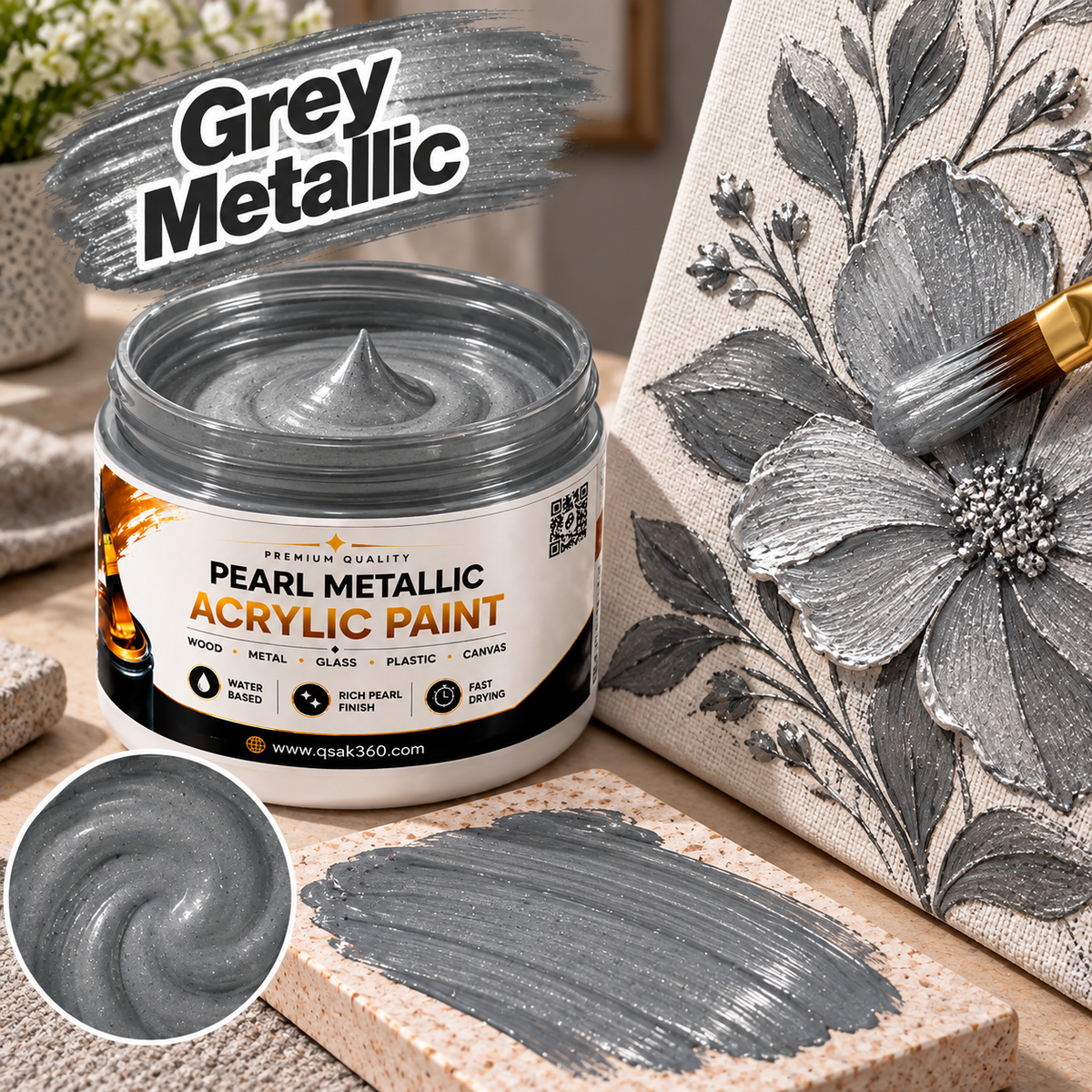 Grey Metallic Acrylic Paint for Canvas, Wood, Metal, Glass & DIY Craft Projects | QSAK360