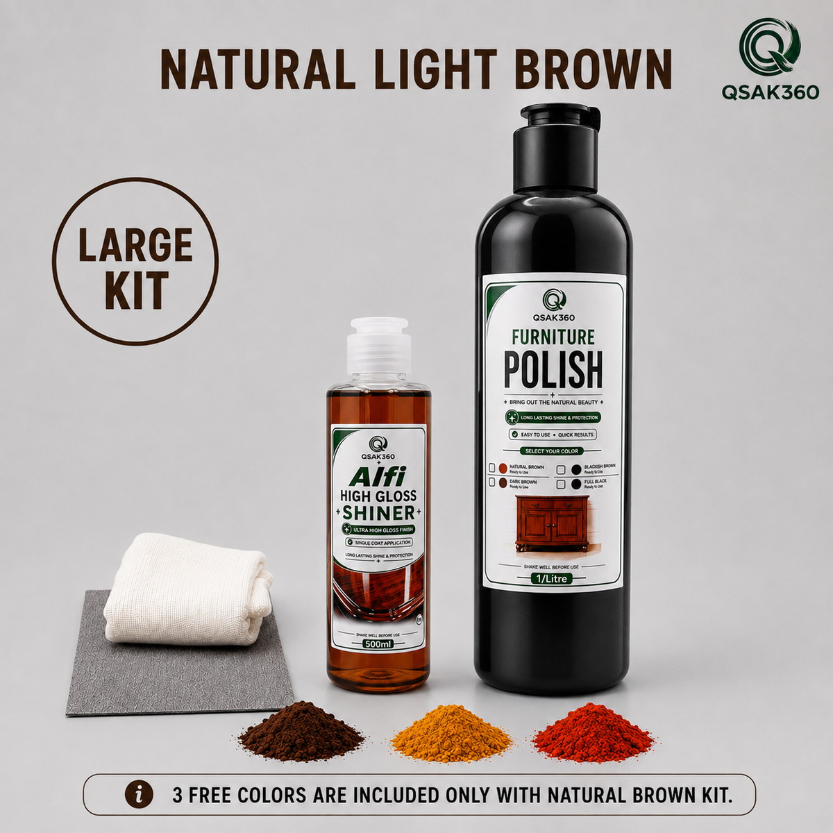 Furniture Polish Kit with High Gloss Shiner – Natural Light Brown Wood Polish Set | QSAK360