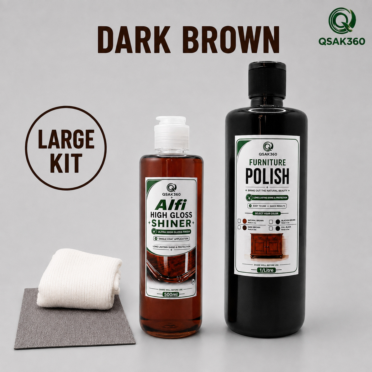 Furniture Polish Kit with High Gloss Shiner – Dark Brown | QSAK360