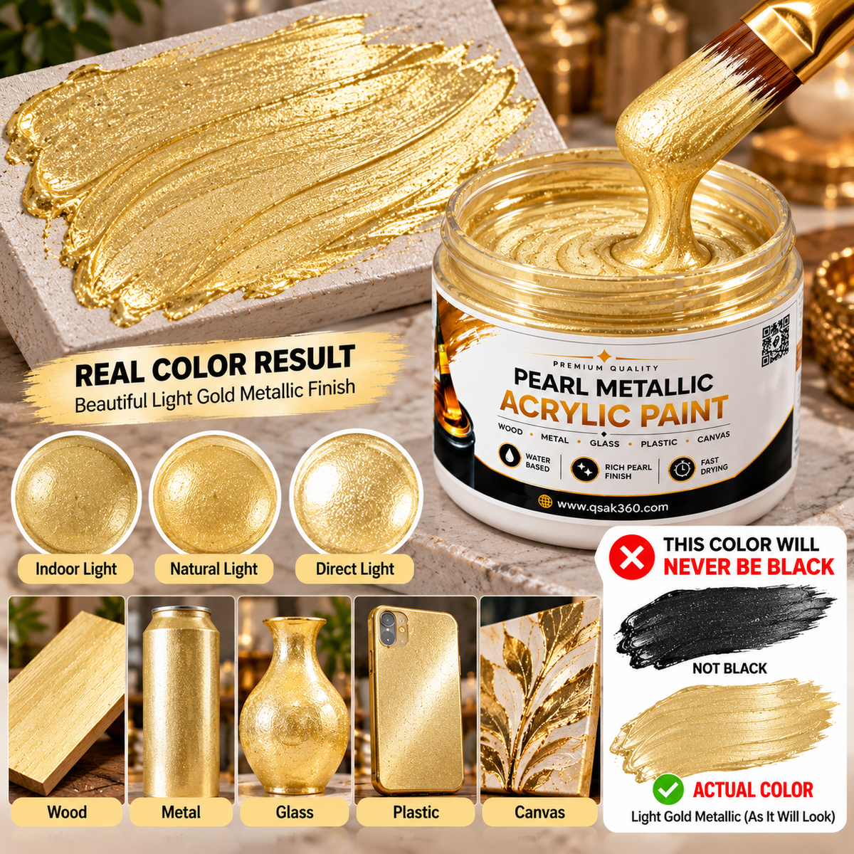 Light Gold Metallic Acrylic Paint for Canvas, Wood, Metal, Glass & DIY Craft Projects | QSAK360
