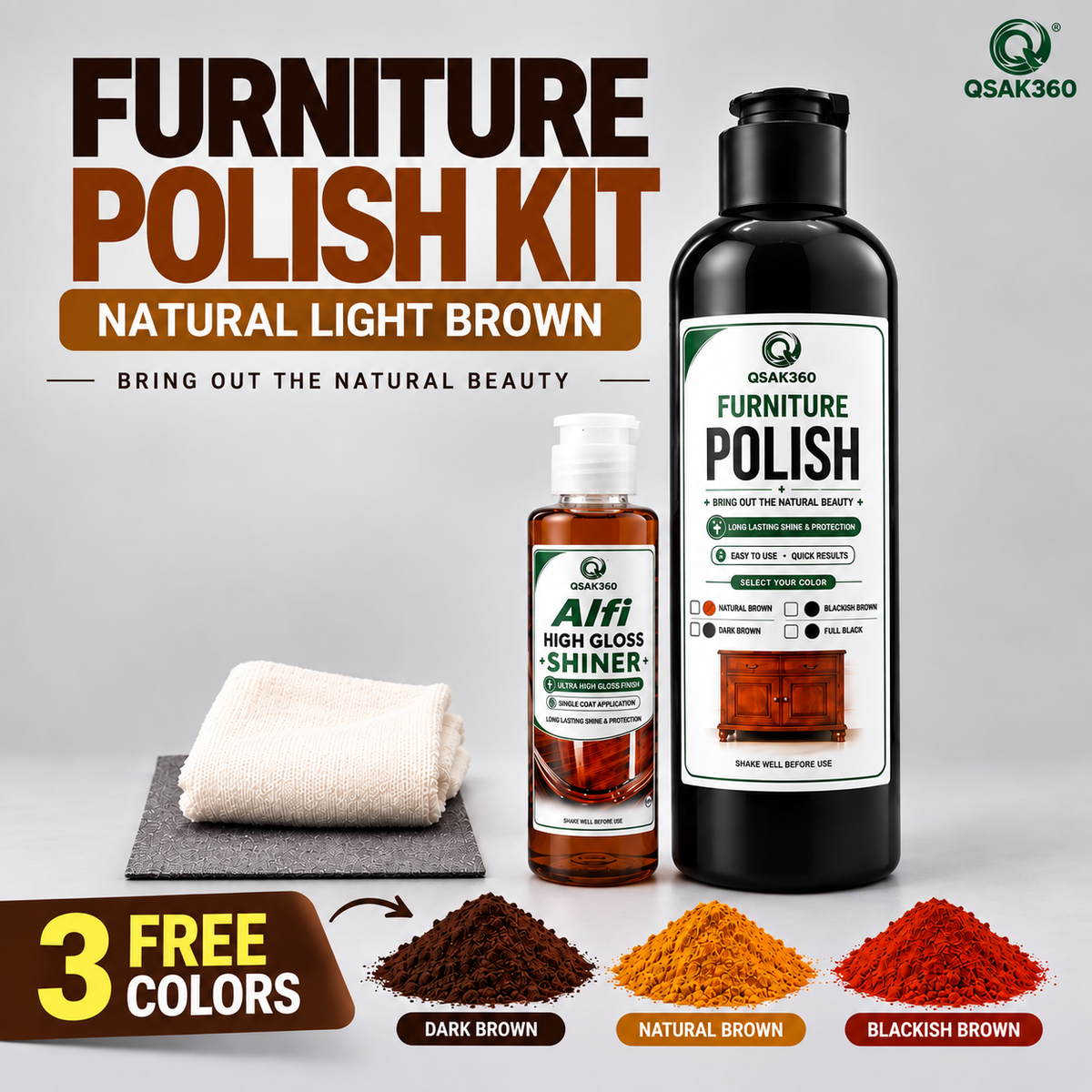 Furniture Polish Kit with High Gloss Shiner – Natural Light Brown Wood Polish Set | QSAK360