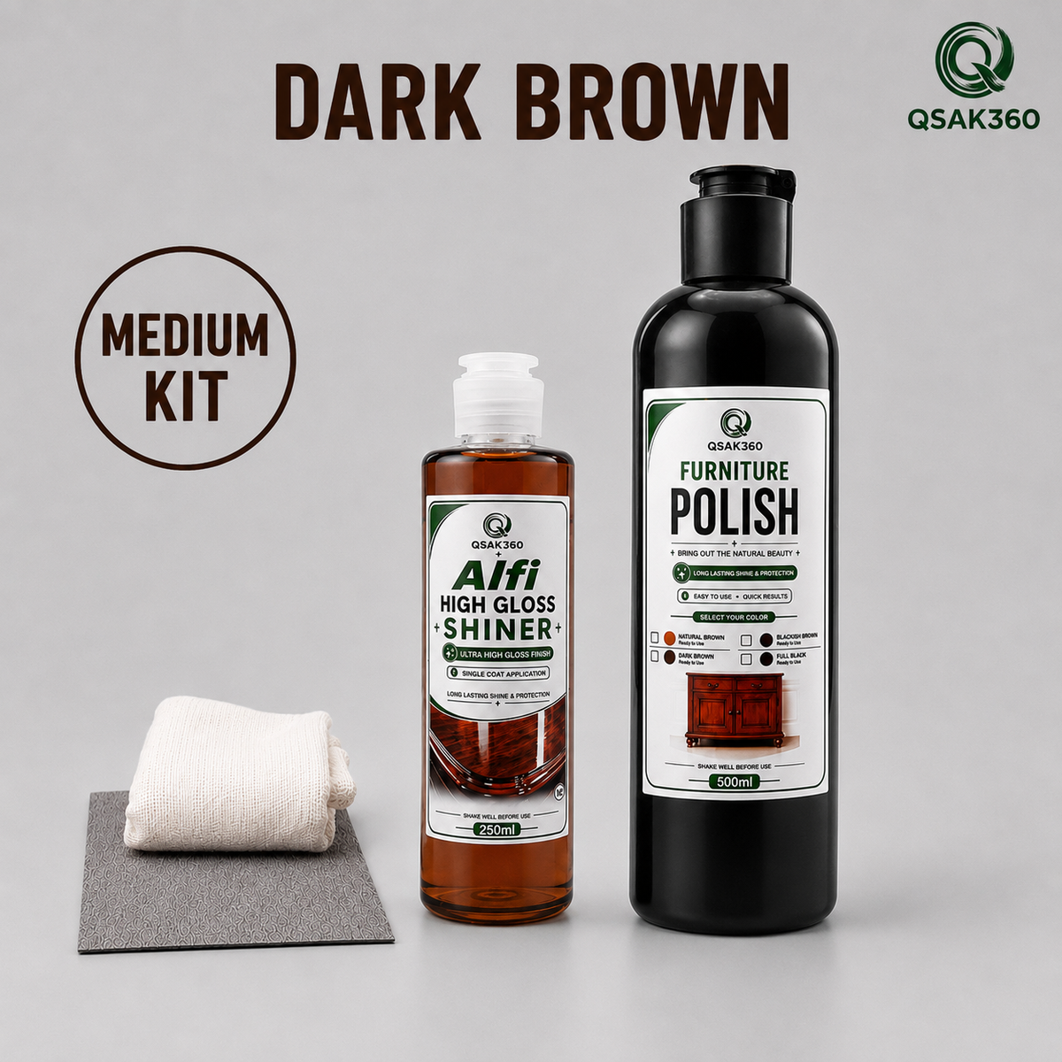 Furniture Polish Kit with High Gloss Shiner – Dark Brown | QSAK360