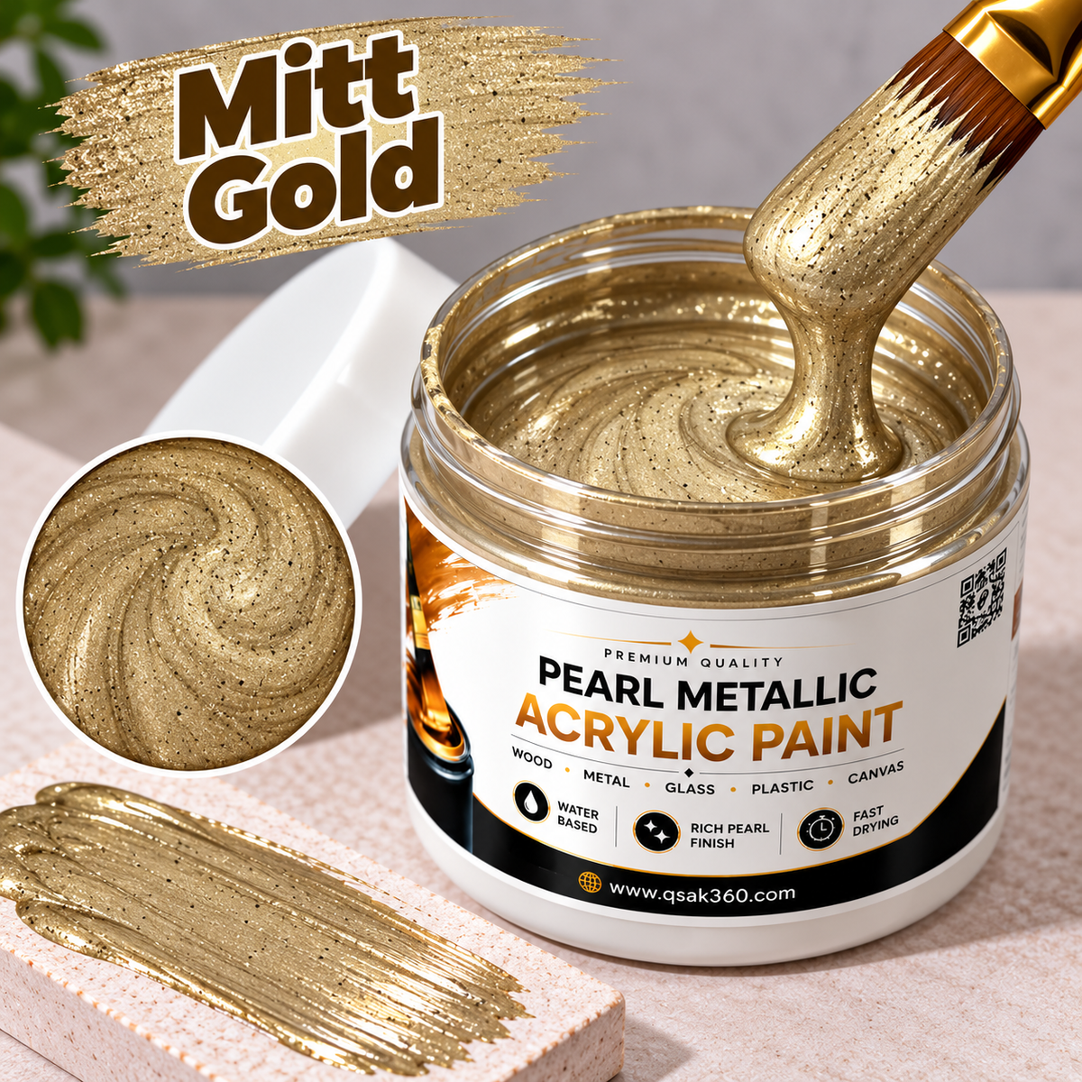 Mitt Gold Metallic Acrylic Paint for Canvas, Wood, Metal, Glass & DIY Craft Projects | QSAK360