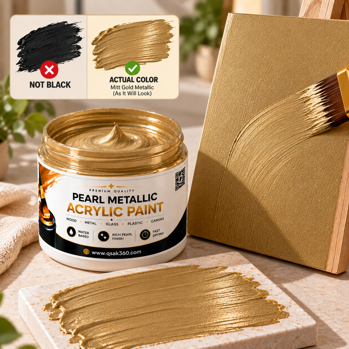 Mitt Gold Metallic Acrylic Paint for Canvas, Wood, Metal, Glass & DIY Craft Projects | QSAK360