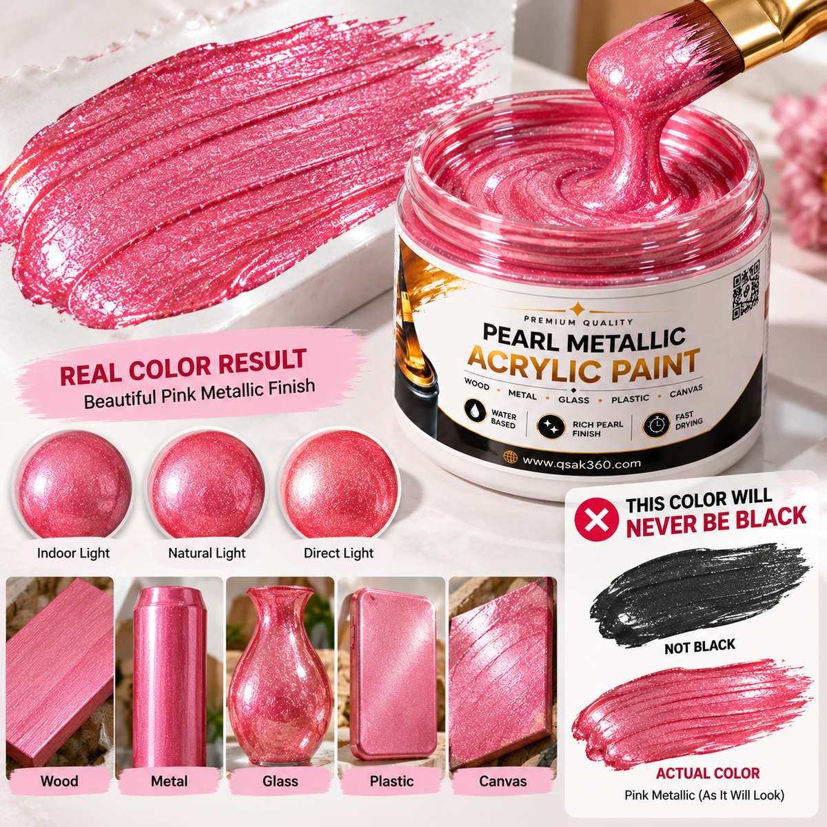 Pink Pearl Metallic Acrylic Paint for Canvas, Wood, Metal, Glass & DIY Craft Projects | QSAK360