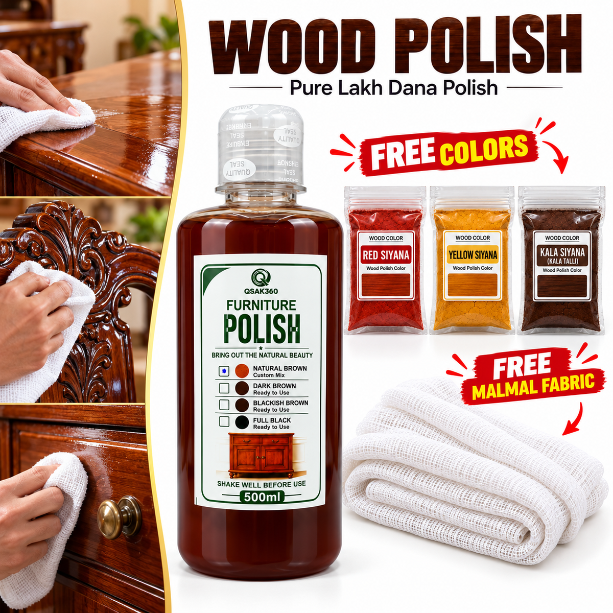 Natural Light Brown Wood Polish | Pure Lakh Dana Polish with Free Colors & Malmal | QSAK360