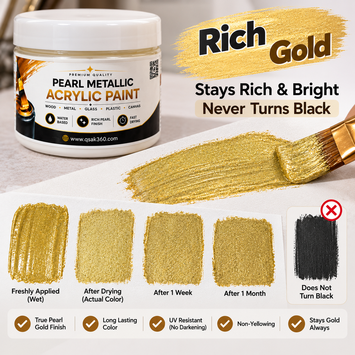 Rich Gold Metallic Acrylic Paint for Wood, Metal, Glass, Canvas & DIY Craft Projects | QSAK360