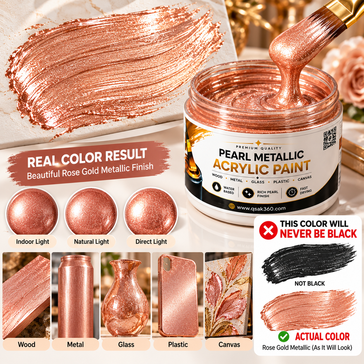 Rose Gold Metallic Acrylic Paint for Canvas, Wood, Metal, Glass & DIY Craft Projects | QSAK360