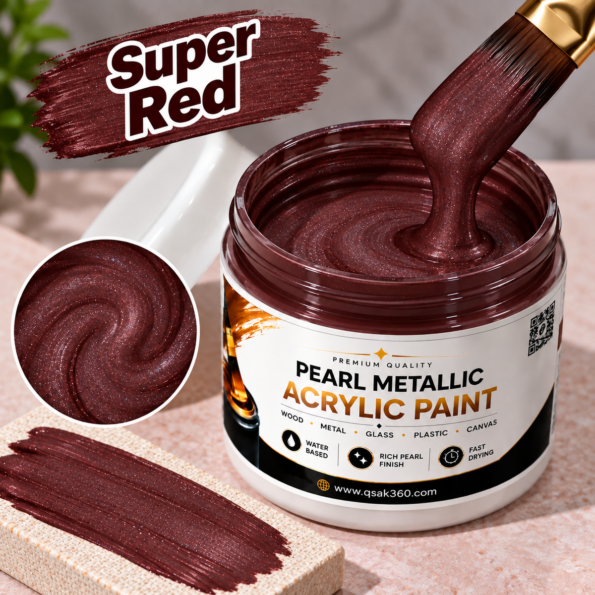 Super Red Metallic Acrylic Paint for Canvas, Wood, Metal, Glass & DIY Craft Projects | QSAK360