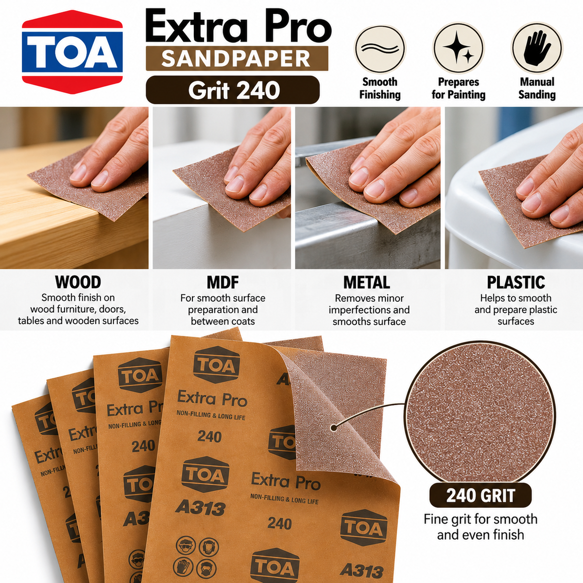 TOA Extra Pro Sandpaper 240 Grit | Fine Sanding for Wood, MDF & Furniture | QSAK360
