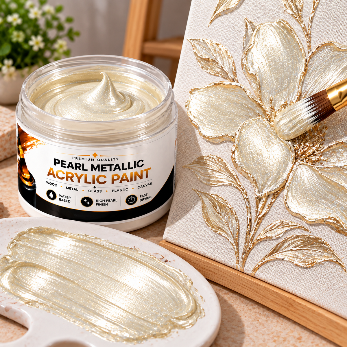 White Gold Metallic Acrylic Paint for Canvas, Wood, Metal, Glass & DIY Craft Projects | QSAK360