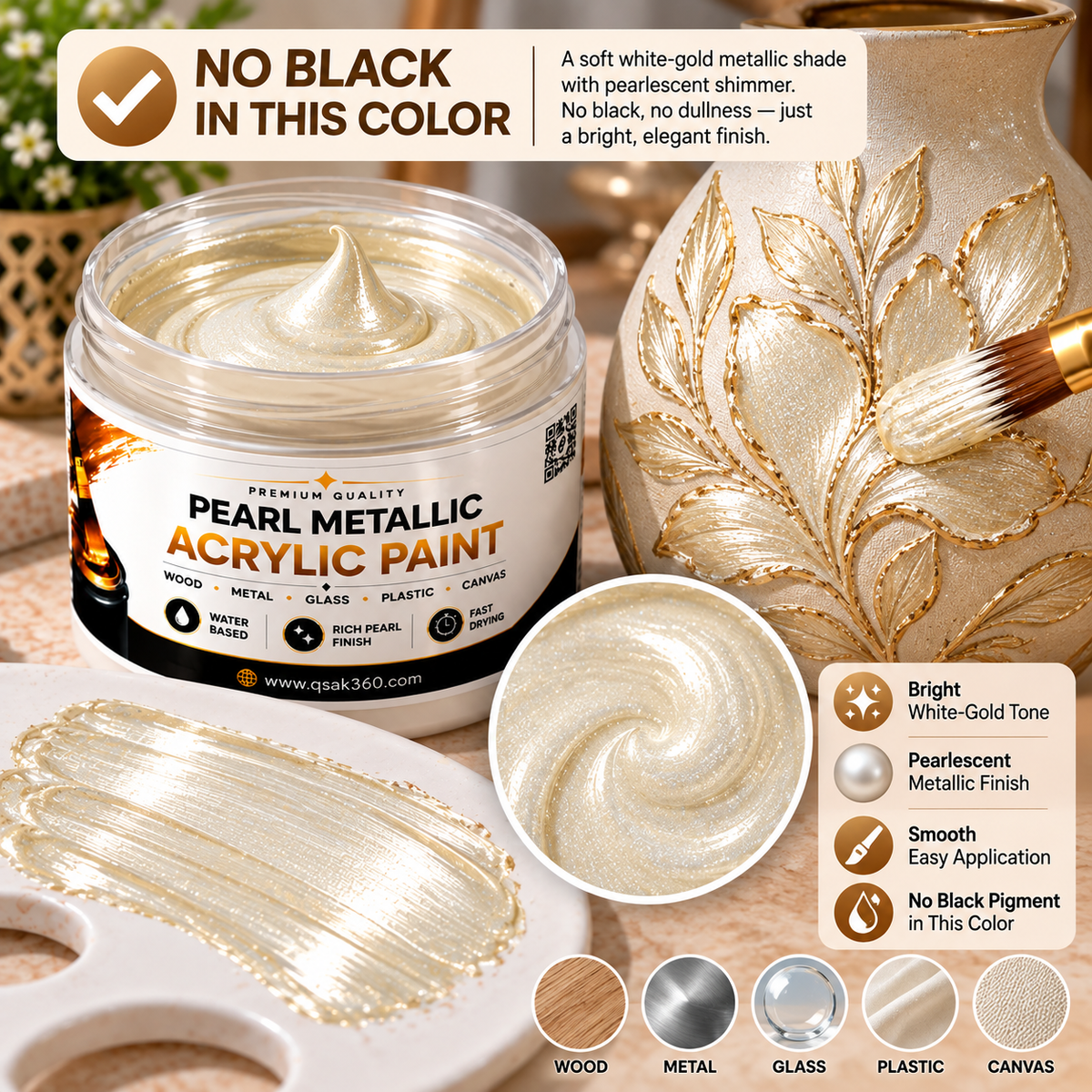White Gold Metallic Acrylic Paint for Canvas, Wood, Metal, Glass & DIY Craft Projects | QSAK360