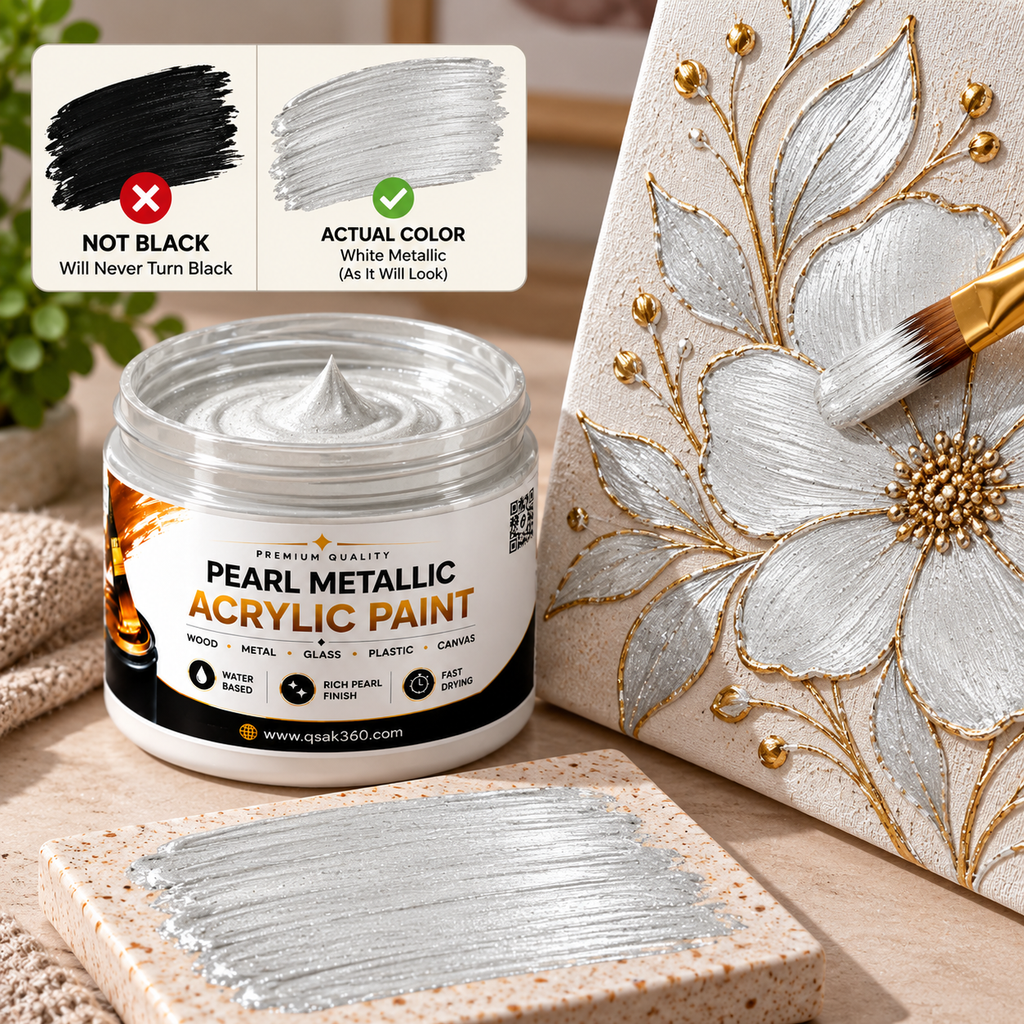 White Metallic Acrylic Paint for Canvas, Wood, Metal, Glass & DIY Craft Projects | QSAK360