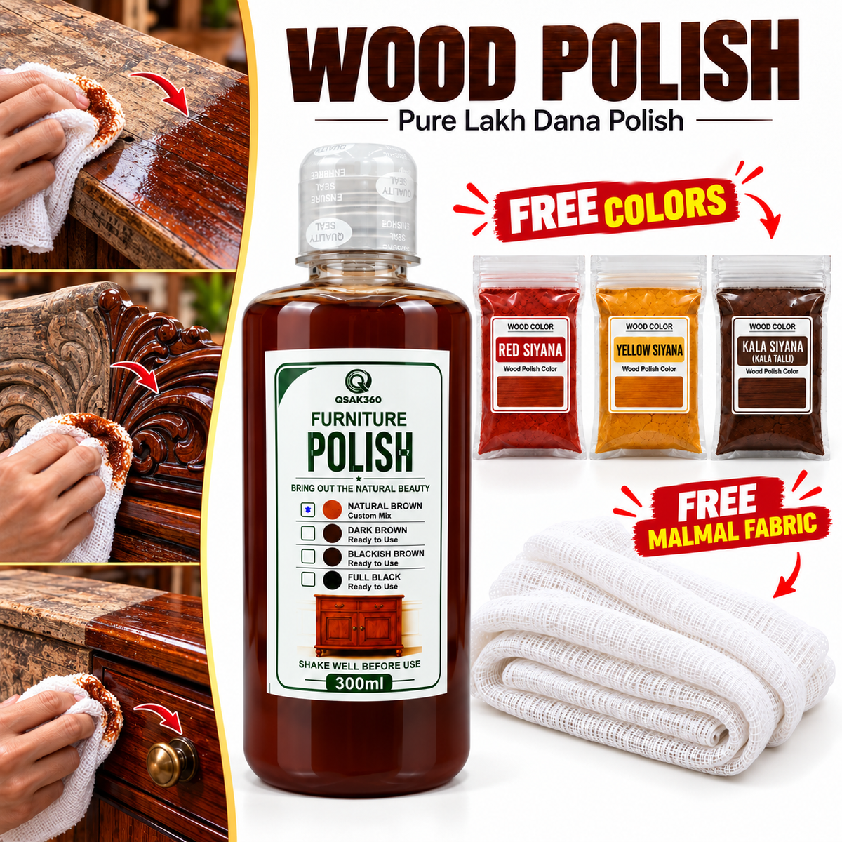 Natural Light Brown Wood Polish | Pure Lakh Dana Polish with Free Colors & Malmal | QSAK360
