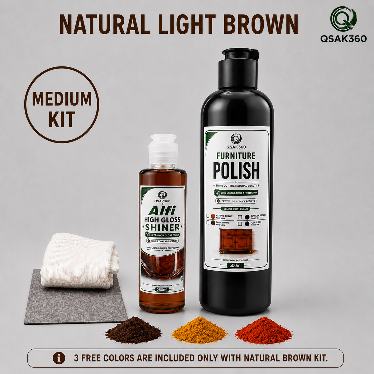 Furniture Polish Kit with High Gloss Shiner – Natural Light Brown Wood Polish Set | QSAK360