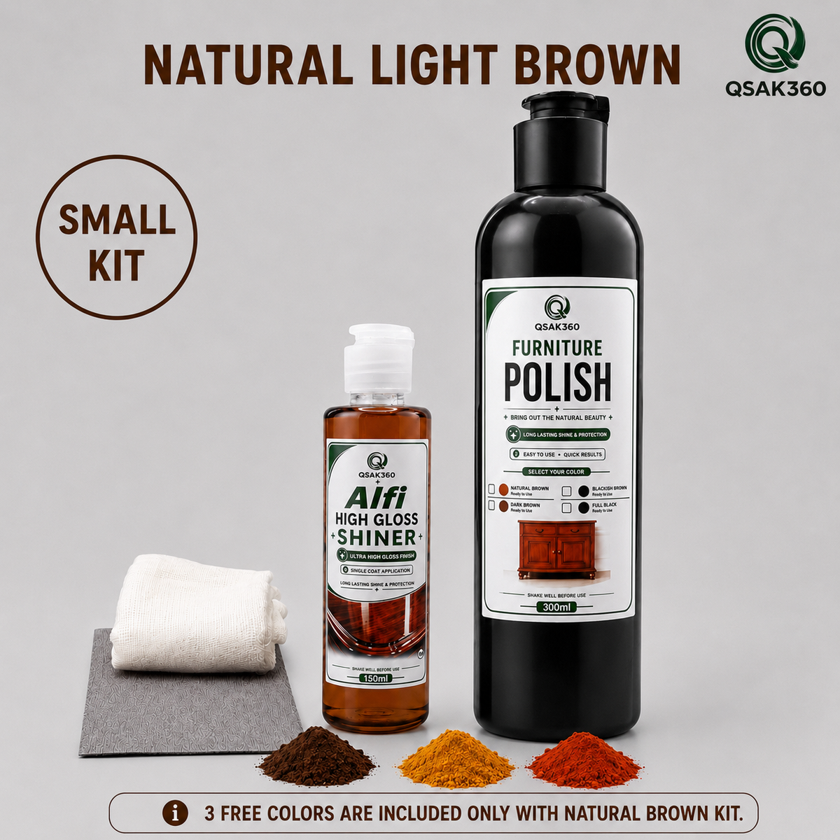 Furniture Polish Kit with High Gloss Shiner – Natural Light Brown Wood Polish Set | QSAK360