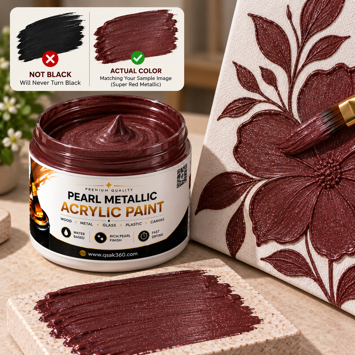 Super Red Metallic Acrylic Paint for Canvas, Wood, Metal, Glass & DIY Craft Projects | QSAK360