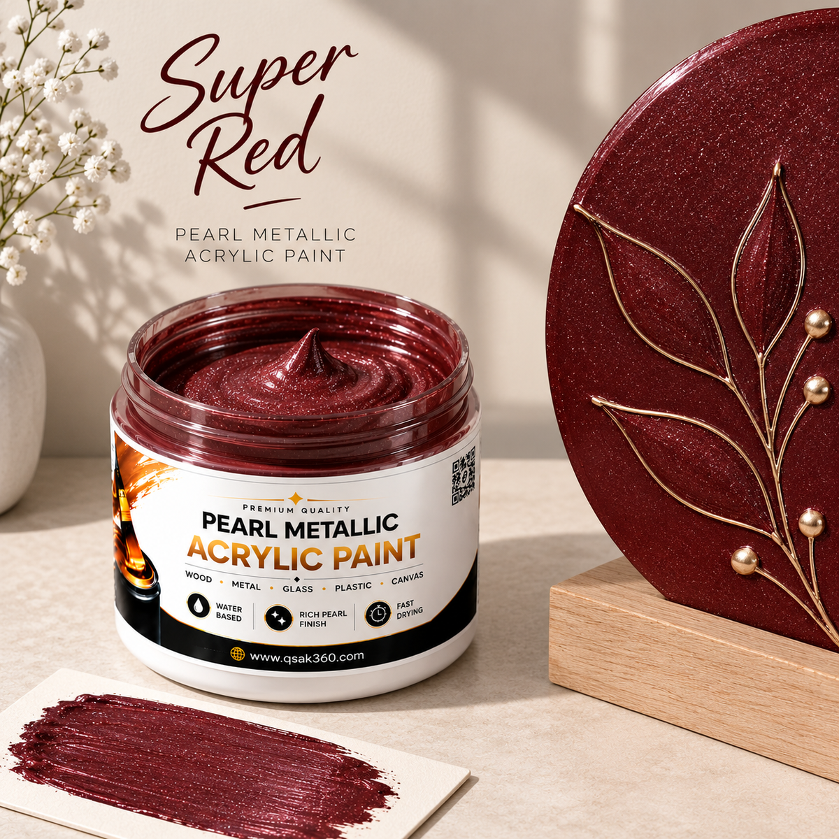 Super Red Metallic Acrylic Paint for Canvas, Wood, Metal, Glass & DIY Craft Projects | QSAK360