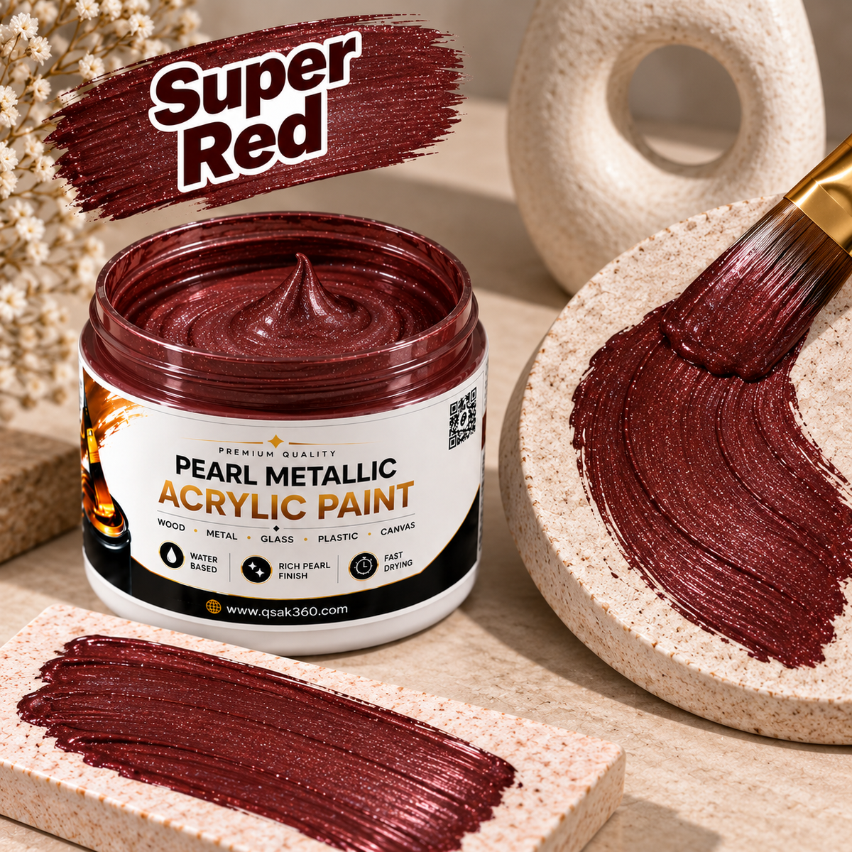 Super Red Metallic Acrylic Paint for Canvas, Wood, Metal, Glass & DIY Craft Projects | QSAK360