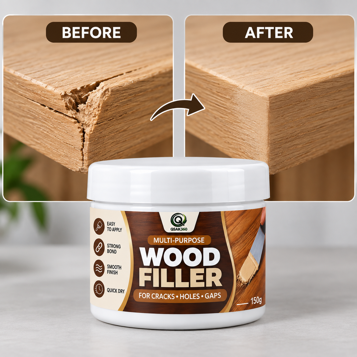 QSAK360 Multi-Purpose Wood Filler for Cracks, Holes & Gaps – 150g