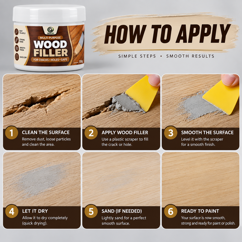 QSAK360 Multi-Purpose Wood Filler for Cracks, Holes & Gaps – 150g